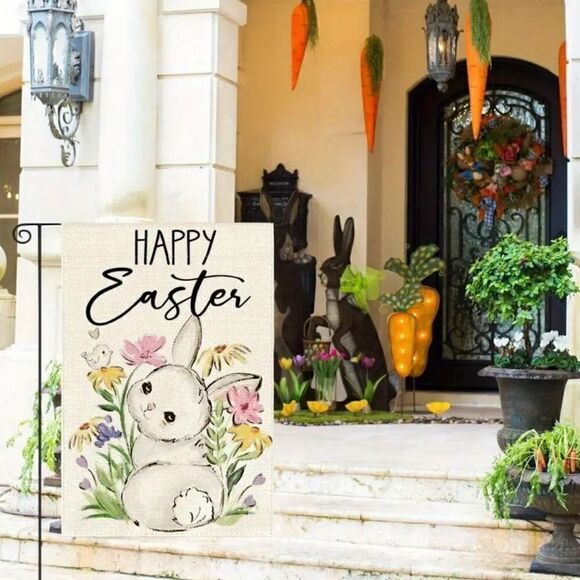 Happy Easter Farmhouse Garden Flag 12x18 Inch Bunny Double Sided Home Decor New - Picture 2 of 2